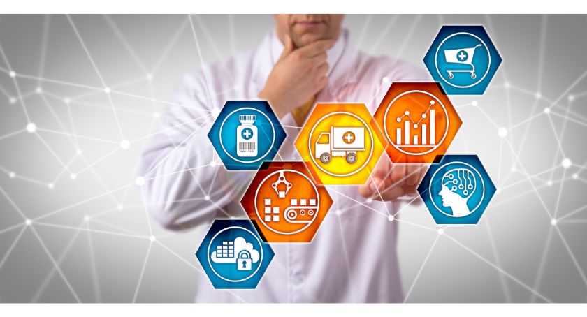 Unrecognizable pharmaceutical research scientist managing prescription drug supply chain via touch screen. Pharma IT concept for SCM, end-to-end fulfillment, serial tracking, freight transportation.